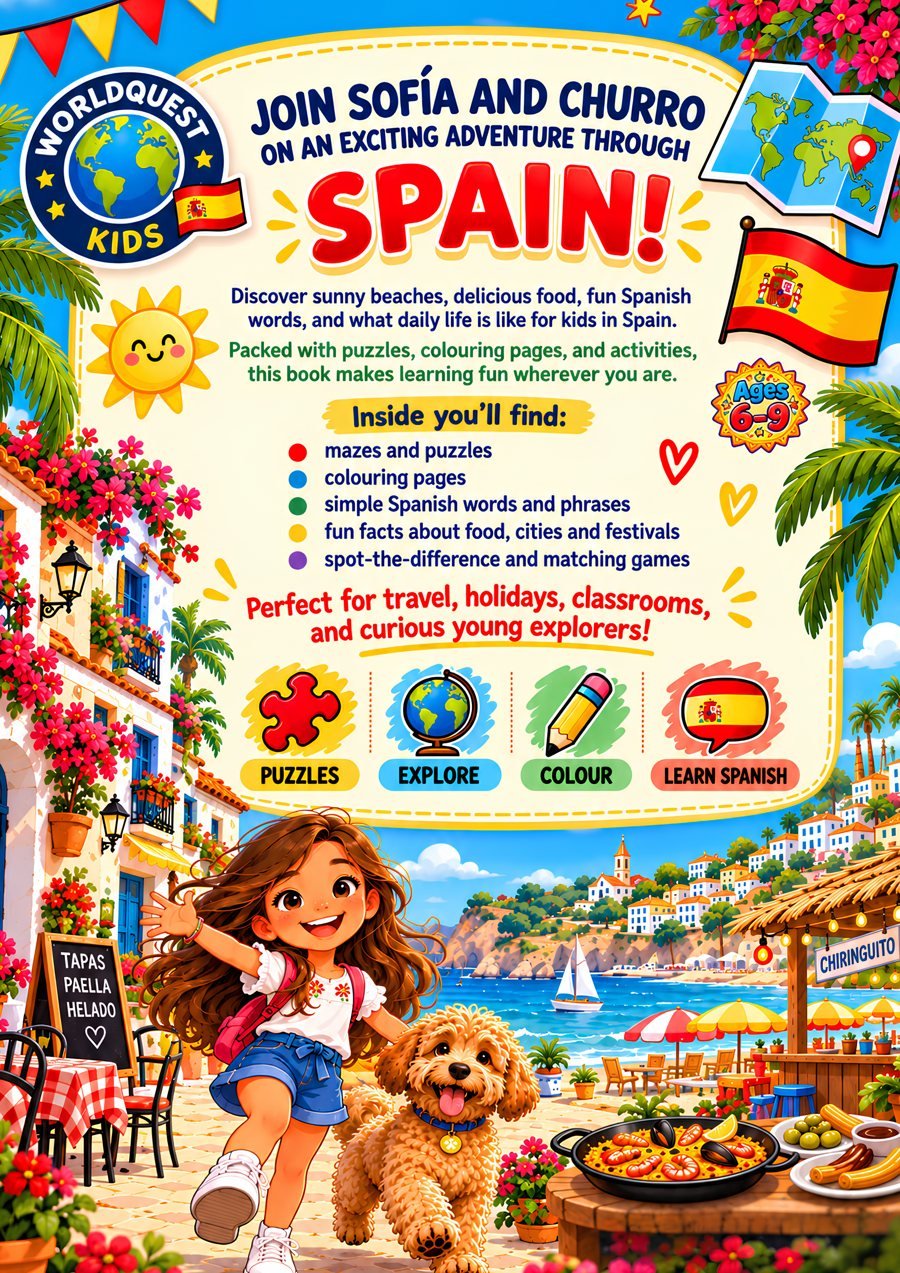 Explore Spain back cover: mazes, colouring, Spanish words, fun facts and games
