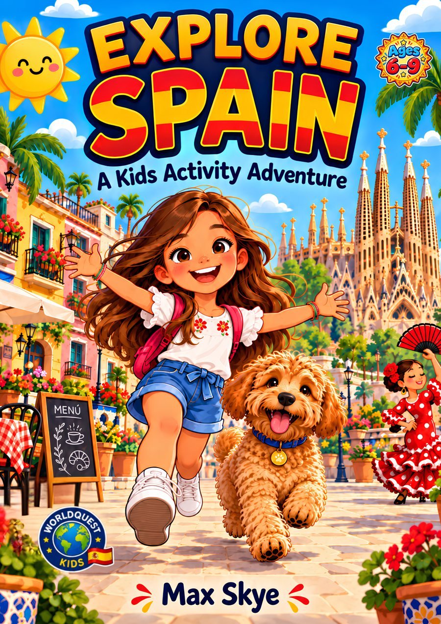 Explore Spain: A Kids Activity Adventure, front cover showing Sofía and her dog Churro in Barcelona