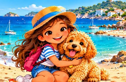 Sofía hugging Churro on a sunny beach