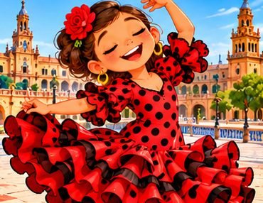 Girl dancing flamenco in a red spotty dress