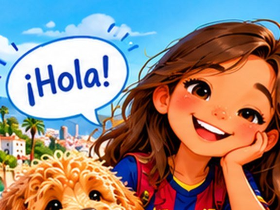 Sofía saying ¡Hola! in a speech bubble