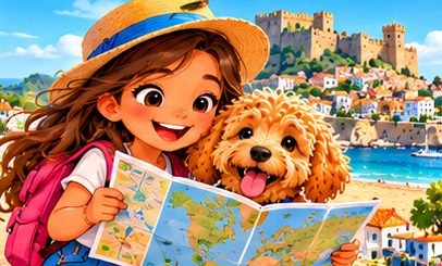 Sofía and Churro reading a map