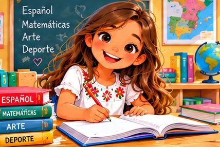 Sofía at school writing in her book