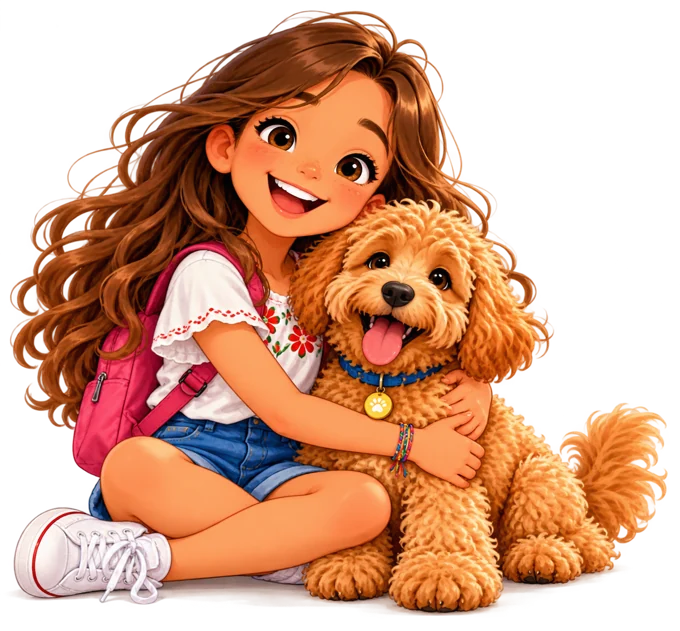 Sofía hugging her dog Churro
